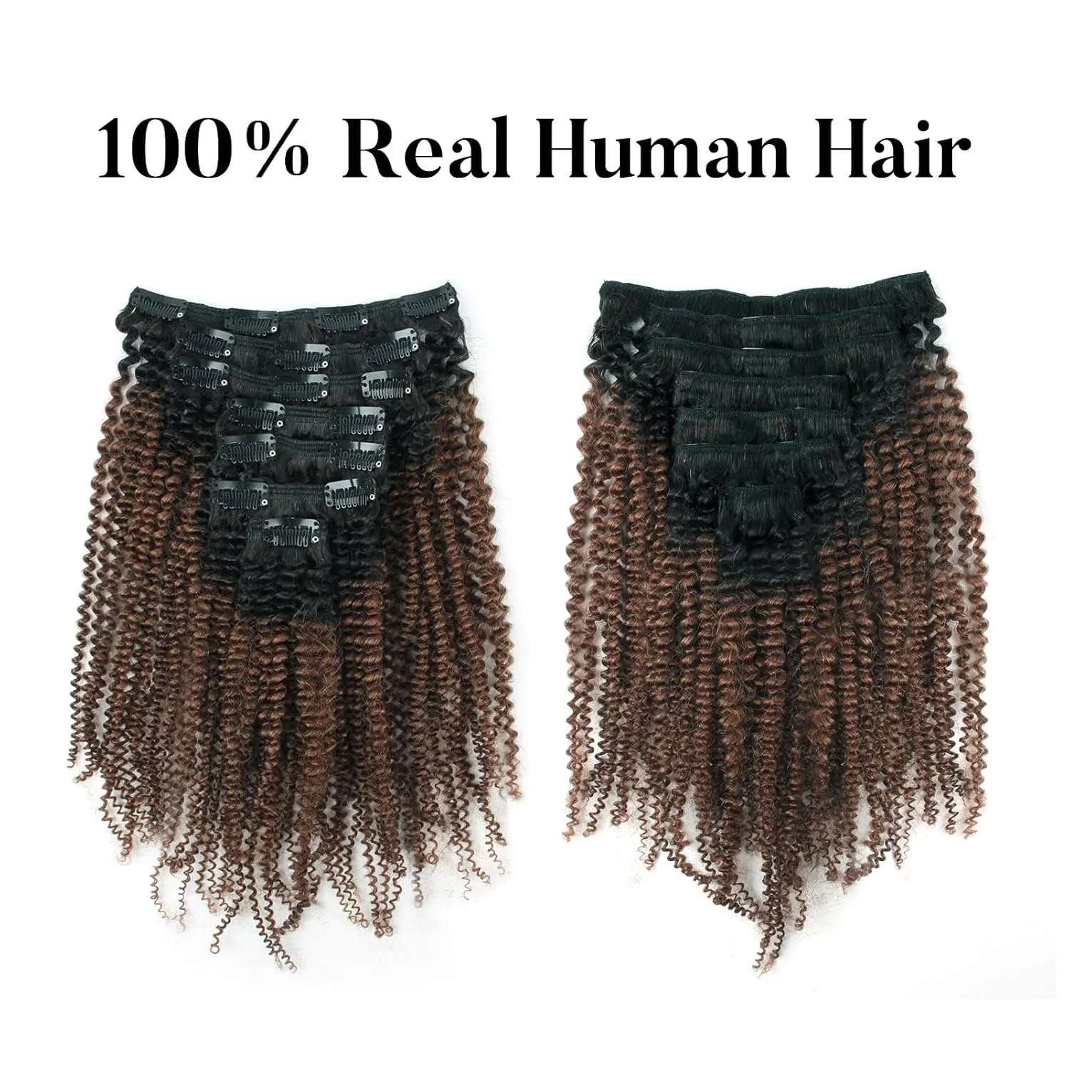 Sassina Real Thick Double Wefts Clip In Human Hair Extensions Afro Curly Style Two Tone 1B Off Black Fading into Light Chocolate Brown 120 Grams 7 Pieces-Set With 17 Clips AC 1BT4 14 Inch