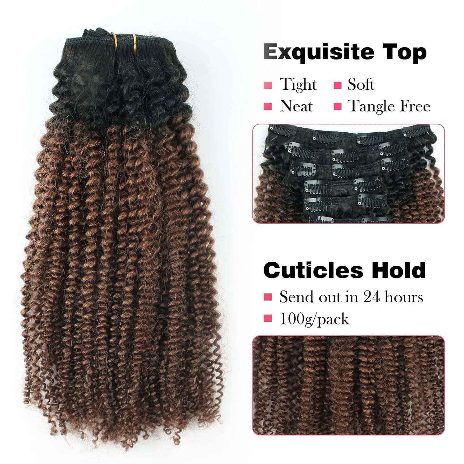 Sassina Real Thick Double Wefts Clip In Human Hair Extensions Afro Curly Style Two Tone 1B Off Black Fading into Light Chocolate Brown 120 Grams 7 Pieces-Set With 17 Clips AC 1BT4 14 Inch
