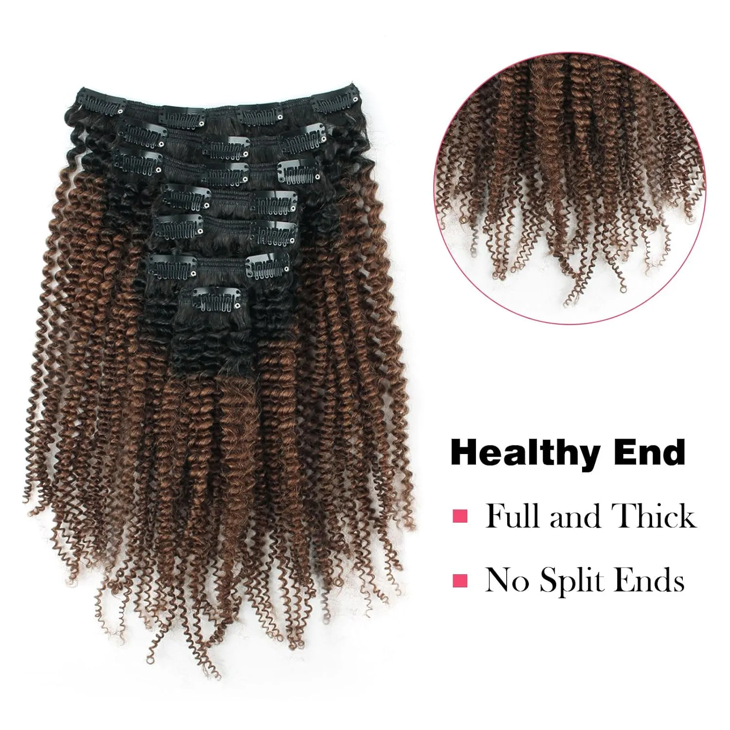 Sassina Real Thick Double Wefts Clip In Human Hair Extensions Afro Curly Style Two Tone 1B Off Black Fading into Light Chocolate Brown 120 Grams 7 Pieces-Set With 17 Clips AC 1BT4 14 Inch