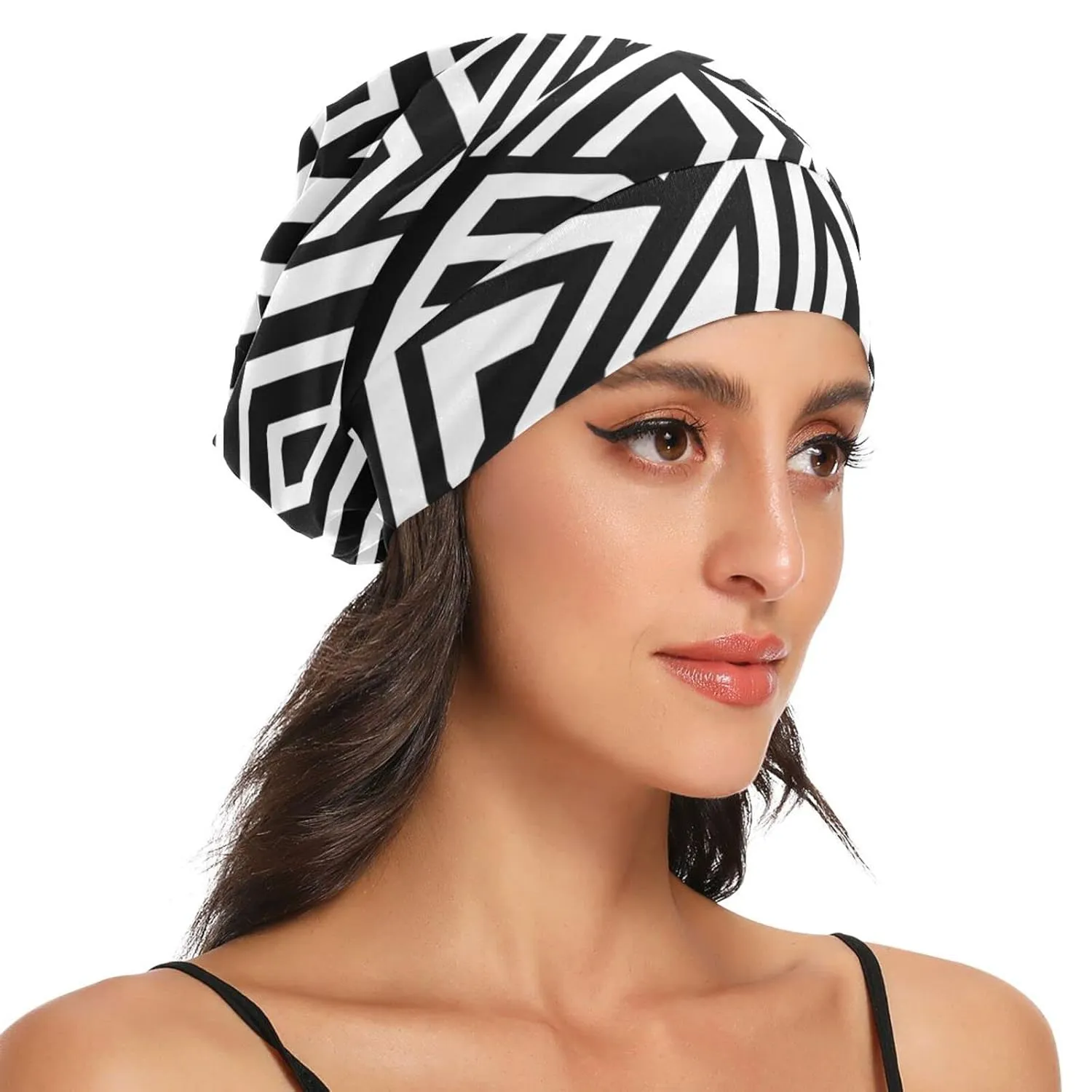 Satin Bonnet Lined Sleep Cap Hair Wrap Cover Slouchy Beanie for Curly Hair Protection for Gifts for Men Women Black and White Punk