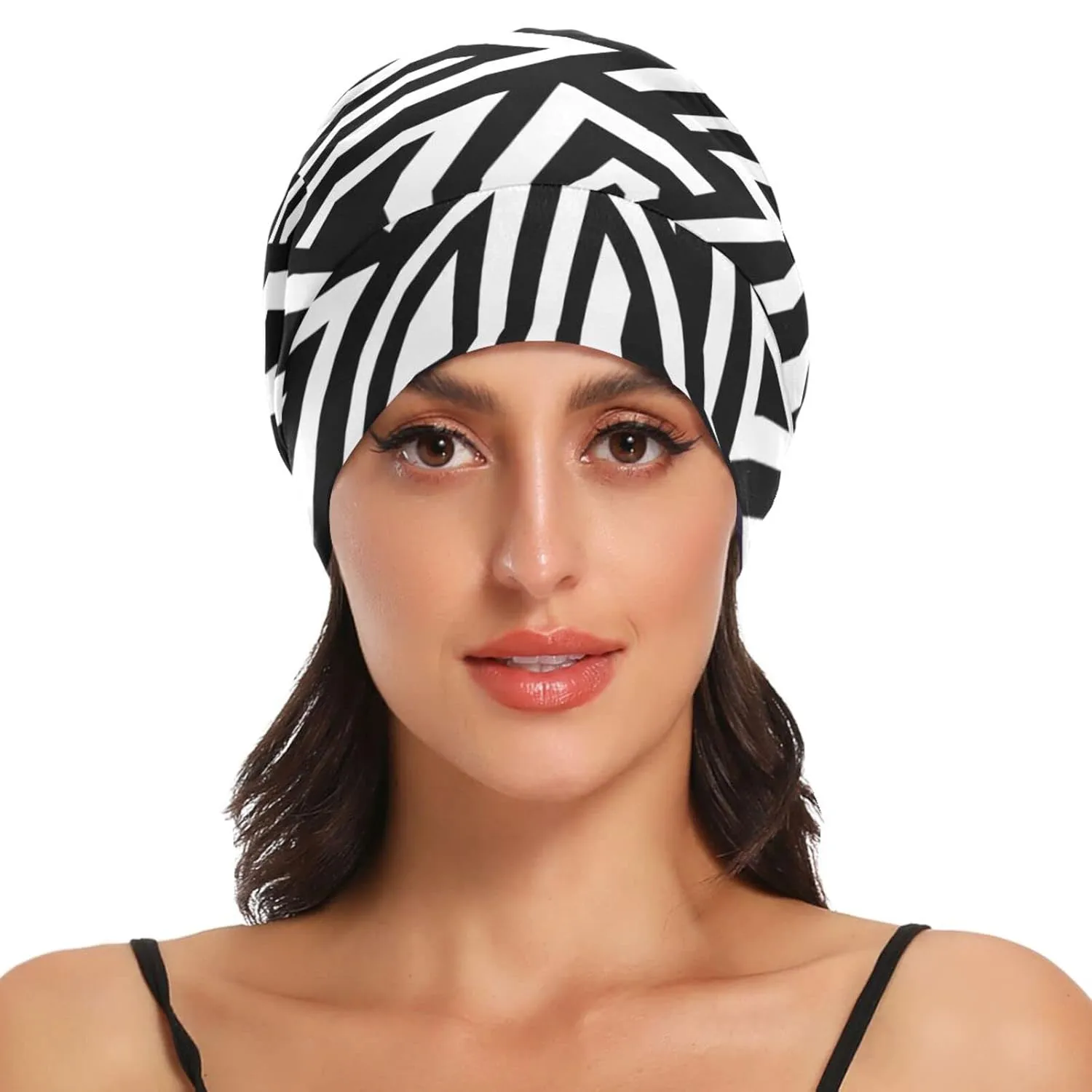 Satin Bonnet Lined Sleep Cap Hair Wrap Cover Slouchy Beanie for Curly Hair Protection for Gifts for Men Women Black and White Punk