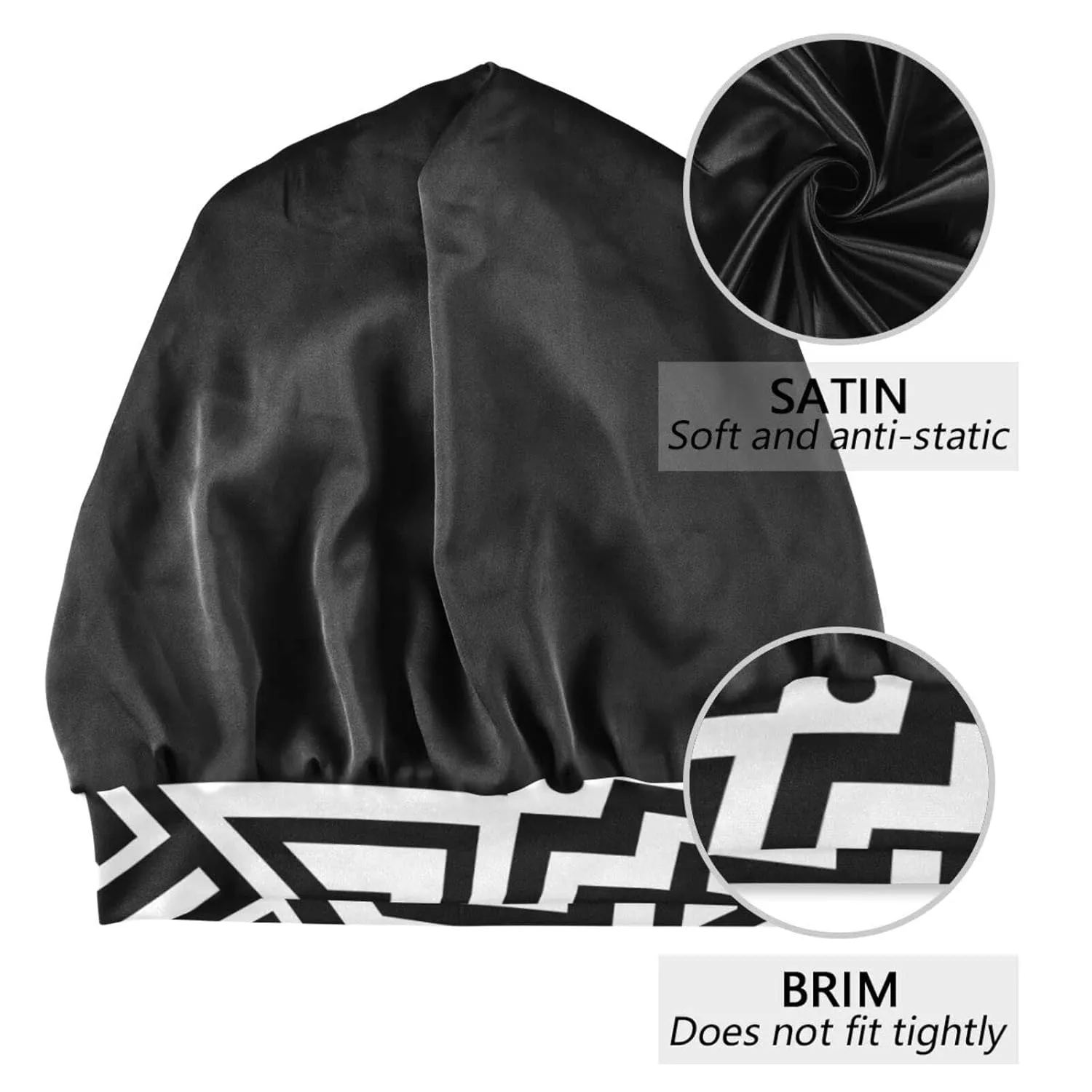 Satin Bonnet Lined Sleep Cap Hair Wrap Cover Slouchy Beanie for Curly Hair Protection for Gifts for Men Women Black and White Punk