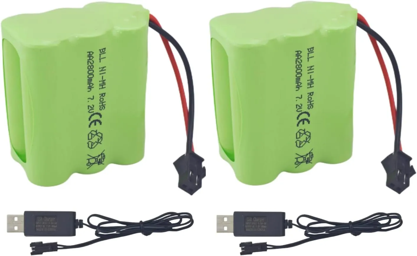 sea jump 2PCS AA 7.2V 2800mah RC Battery Pack with SM-2P Plug and USB Charging Cable Suitable for Toy Tank Engineering, Flat Semi-Trailer Trucks, Remote Control Cars, Ni-MH High Capacity Batteries