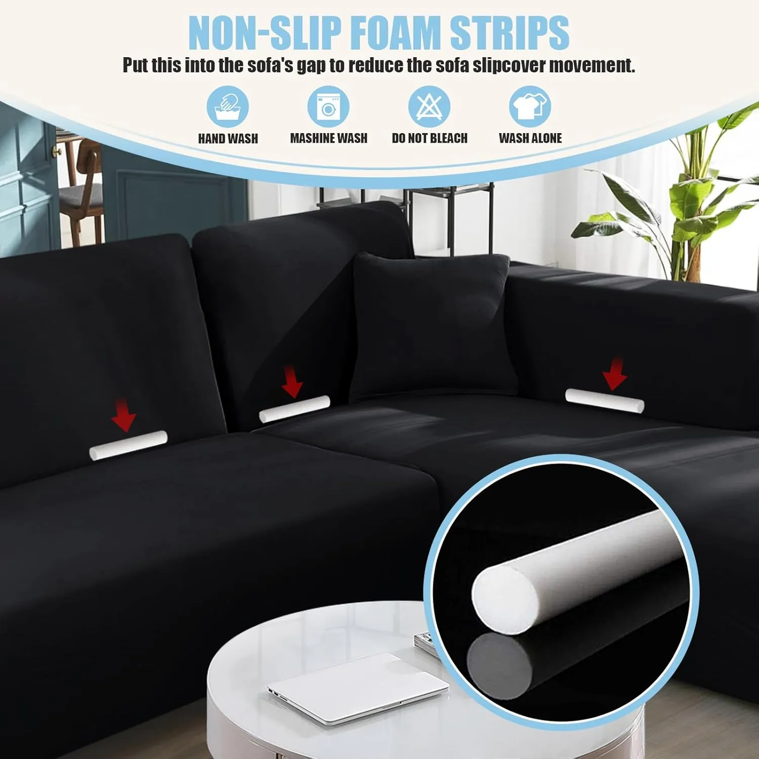 Sectional Couch Covers L Shape Sofa Covers Super Stretch 2pcs Sofa Slipcovers for 3   3 Seaters Sectional Chaise Slipcover with 2pcs Pillow Covers for Pets Kids, Black