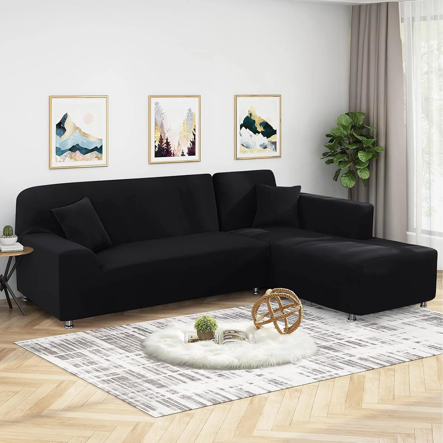 Sectional Couch Covers L Shape Sofa Covers Super Stretch 2pcs Sofa Slipcovers for 3   3 Seaters Sectional Chaise Slipcover with 2pcs Pillow Covers for Pets Kids, Black