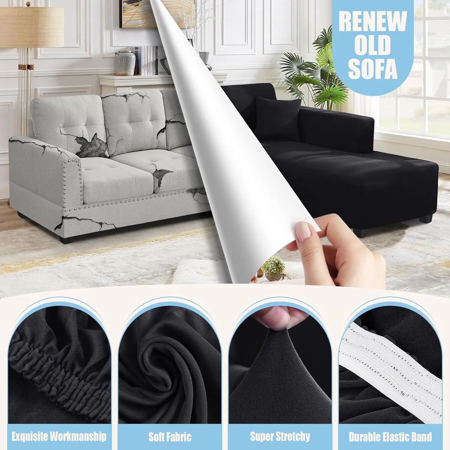 Sectional Couch Covers L Shape Sofa Covers Super Stretch 2pcs Sofa Slipcovers for 3   3 Seaters Sectional Chaise Slipcover with 2pcs Pillow Covers for Pets Kids, Black