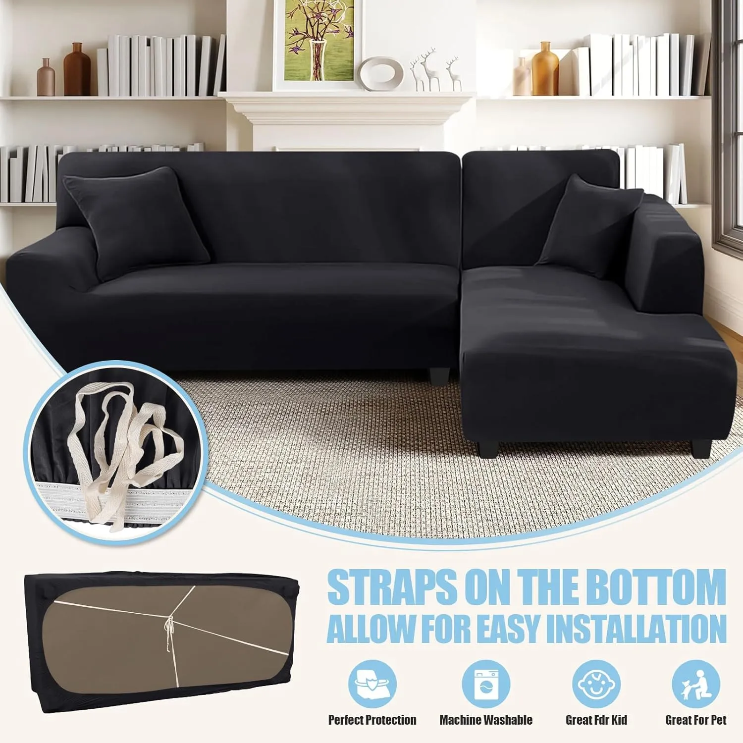 Sectional Couch Covers L Shape Sofa Covers Super Stretch 2pcs Sofa Slipcovers for 3   3 Seaters Sectional Chaise Slipcover with 2pcs Pillow Covers for Pets Kids, Black