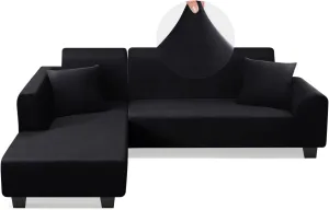 Sectional Couch Covers L Shape Sofa Covers Super Stretch 2pcs Sofa Slipcovers for 3   3 Seaters Sectional Chaise Slipcover with 2pcs Pillow Covers for Pets Kids, Black