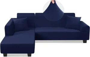 Sectional Couch Covers L Shape Sofa Covers Super Stretch 2pcs Sofa Slipcovers for 3   3 Seaters Sectional Chaise Slipcover with 2pcs Pillow Covers for Pets Kids (Dark Blue)
