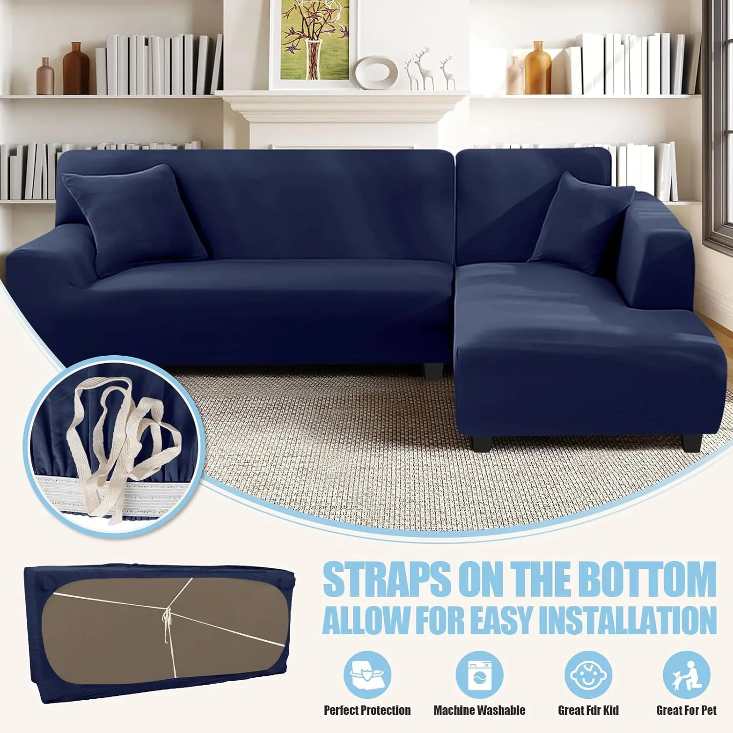 Sectional Couch Covers L Shape Sofa Covers Super Stretch 2pcs Sofa Slipcovers for 3   3 Seaters Sectional Chaise Slipcover with 2pcs Pillow Covers for Pets Kids (Dark Blue)