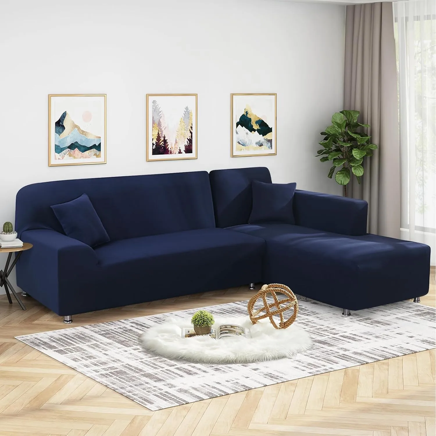 Sectional Couch Covers L Shape Sofa Covers Super Stretch 2pcs Sofa Slipcovers for 3   3 Seaters Sectional Chaise Slipcover with 2pcs Pillow Covers for Pets Kids (Dark Blue)