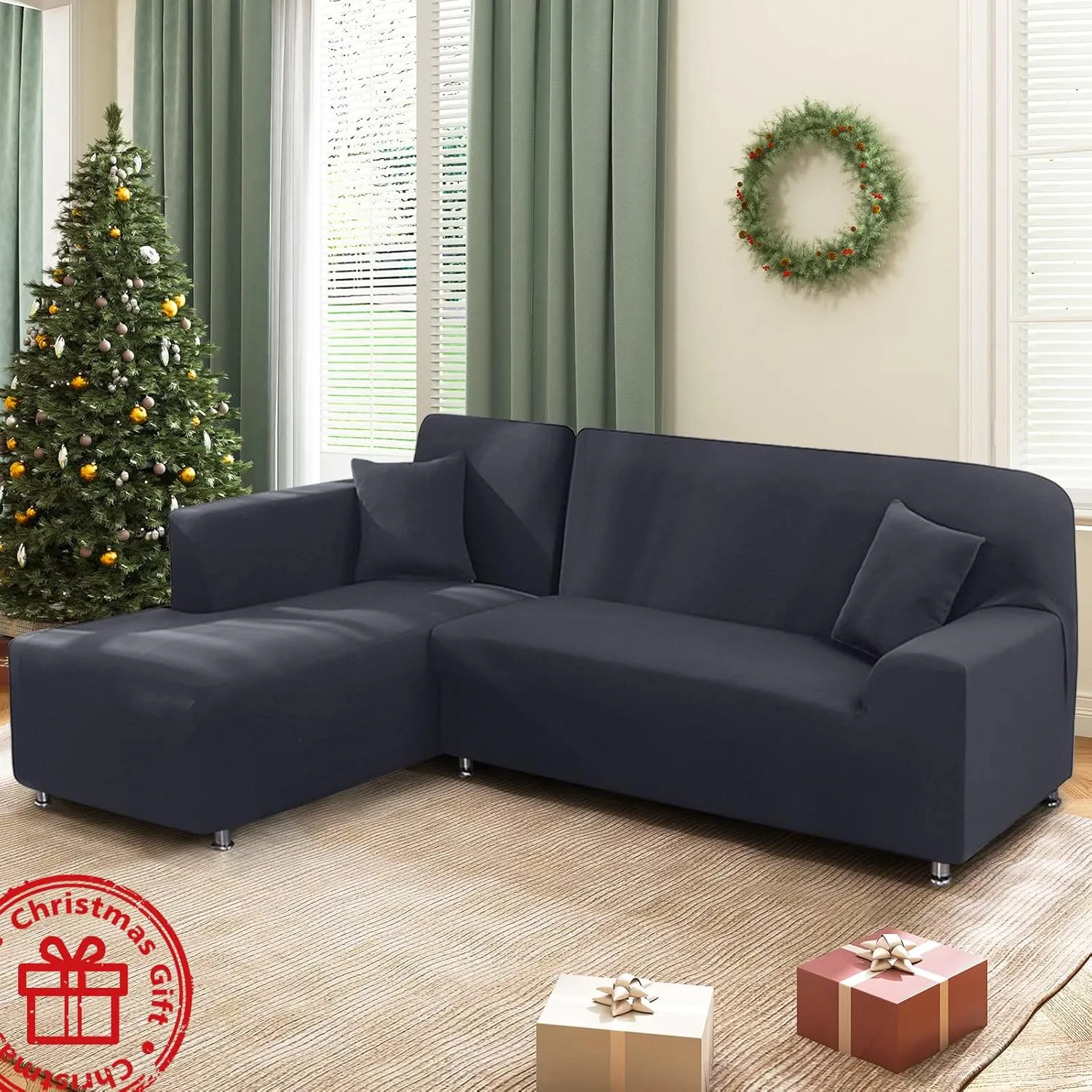 Sectional Couch Covers L Shape Sofa Covers Super Stretch 2pcs Sofa Slipcovers for 3   3 Seaters Sectional Chaise Slipcover with 2pcs Pillow Covers for Pets Kids, Dark Grey