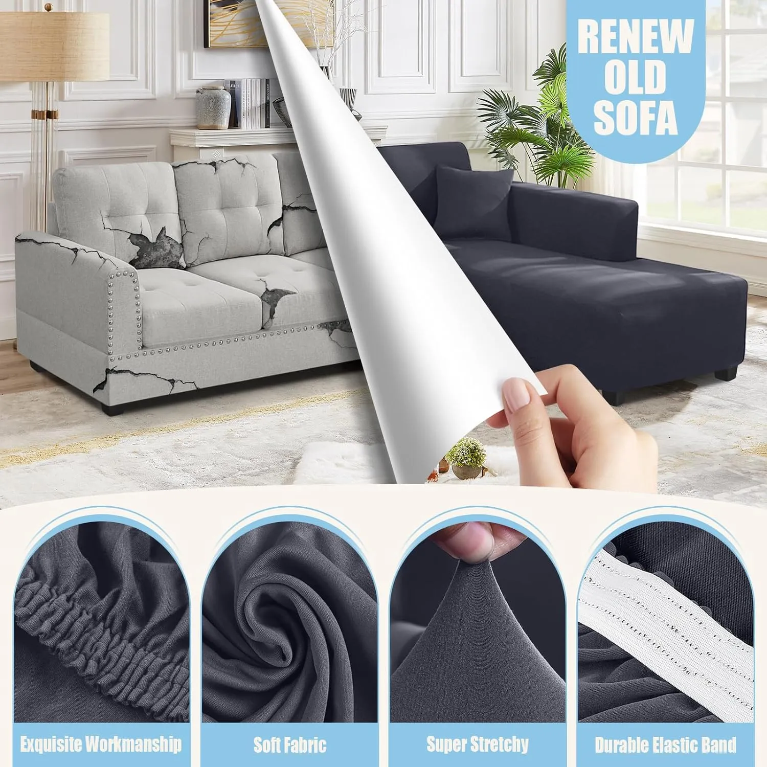 Sectional Couch Covers L Shape Sofa Covers Super Stretch 2pcs Sofa Slipcovers for 3   3 Seaters Sectional Chaise Slipcover with 2pcs Pillow Covers for Pets Kids, Dark Grey