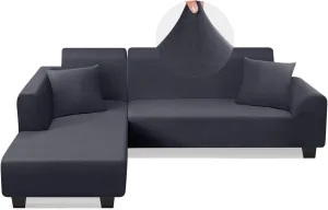Sectional Couch Covers L Shape Sofa Covers Super Stretch 2pcs Sofa Slipcovers for 3   3 Seaters Sectional Chaise Slipcover with 2pcs Pillow Covers for Pets Kids, Dark Grey