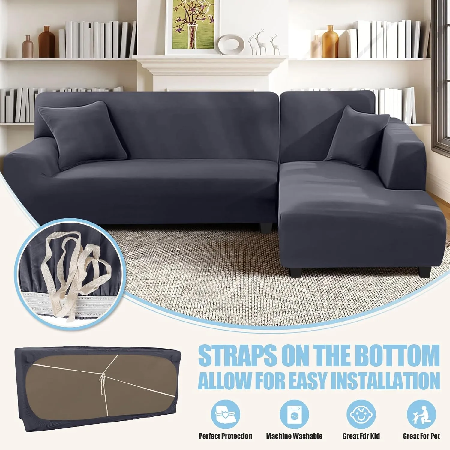Sectional Couch Covers L Shape Sofa Covers Super Stretch 2pcs Sofa Slipcovers for 3   3 Seaters Sectional Chaise Slipcover with 2pcs Pillow Covers for Pets Kids, Dark Grey