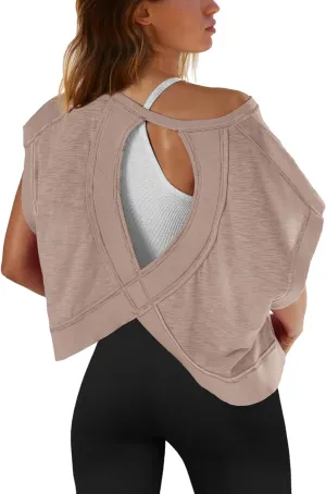 SENSERISE Womens Open Back Workout Tops Backless Short Sleeve Athletic Shirt Running Crop Top Gym Yoga Tee
