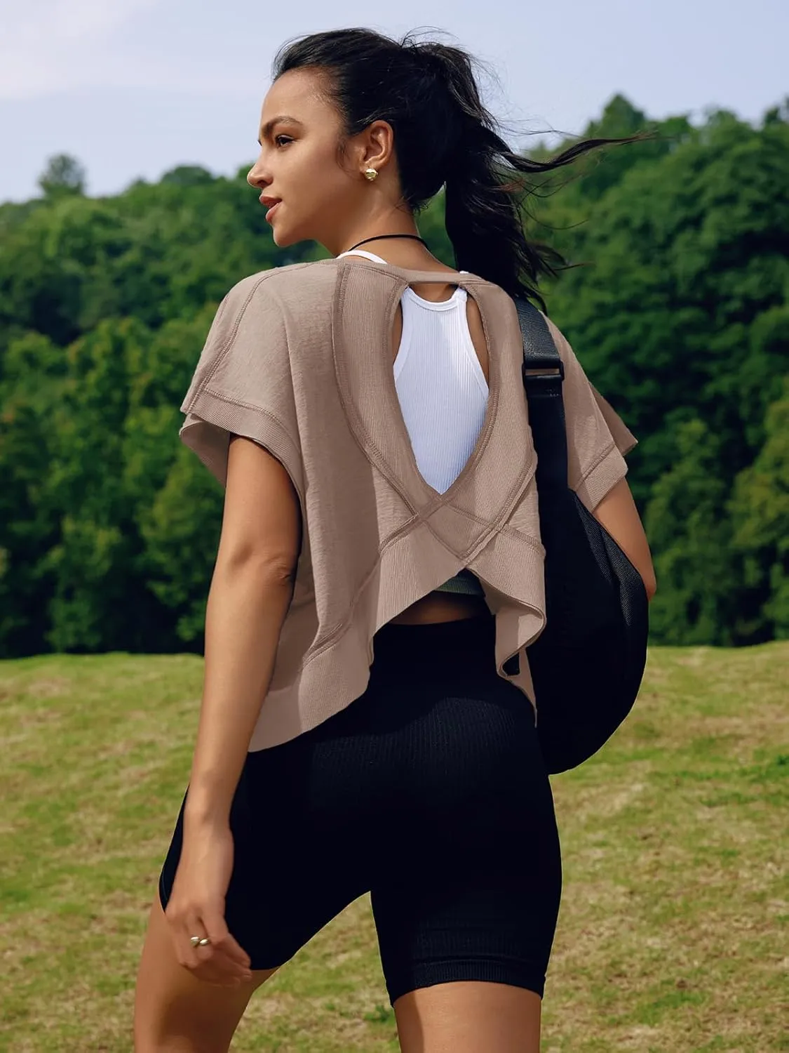 SENSERISE Womens Open Back Workout Tops Backless Short Sleeve Athletic Shirt Running Crop Top Gym Yoga Tee