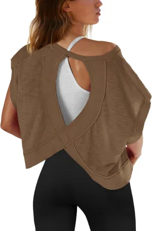 SENSERISE Womens Open Back Workout Tops Backless Short Sleeve Athletic Shirt Running Crop Top Gym Yoga Tee