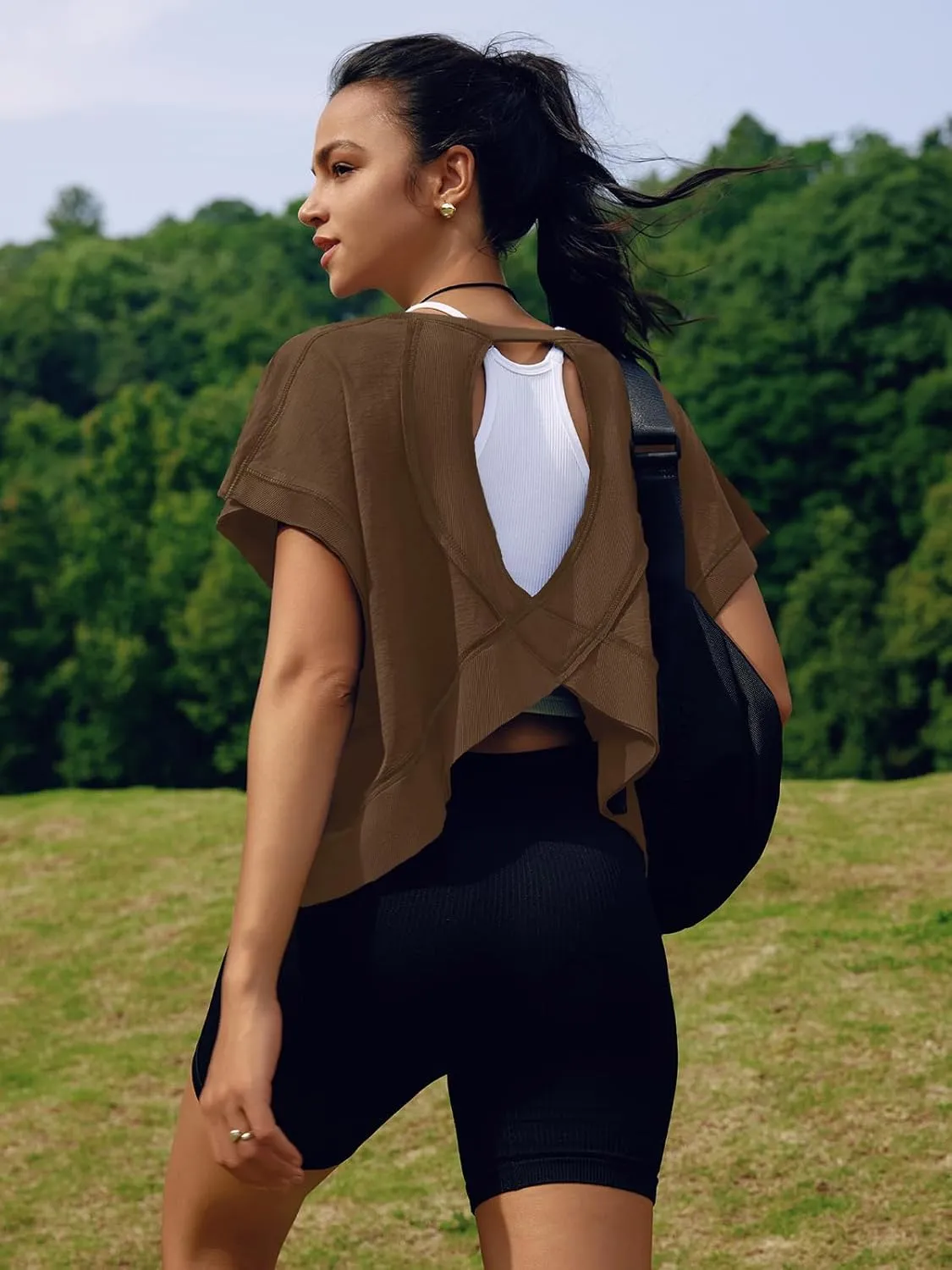 SENSERISE Womens Open Back Workout Tops Backless Short Sleeve Athletic Shirt Running Crop Top Gym Yoga Tee