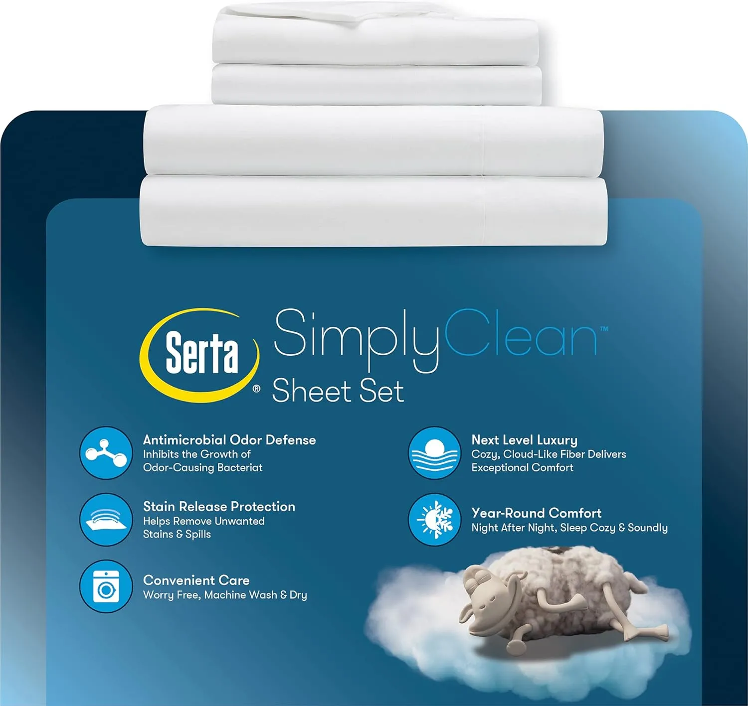 Serta Simply Clean Super Soft Hypoallergenic Stain Resistant Deep Pocket 4 Pieces Solid Bed Sheet Set, King, Light Blue