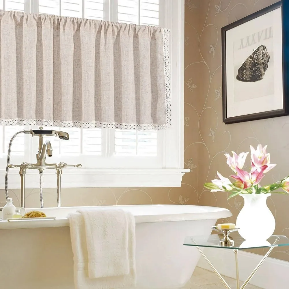 Short Curtain for Small Windows, Country Cotton Kitchen Valance with Lace Trim, Light Filtering Bistro Curtains, Rod Pocket(W150xH45cm/59x18in)