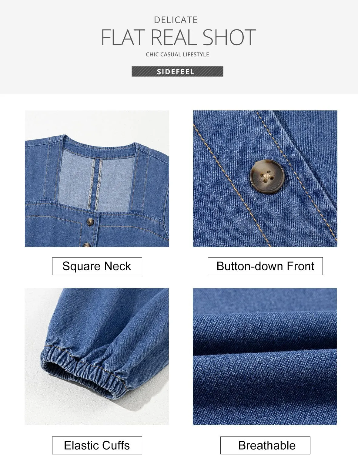 Sidefeel Women's Spring Outfit Denim Dress 3/4 Sleeve Loose Fit Square Neck Summer Jean Dresses with Pockets