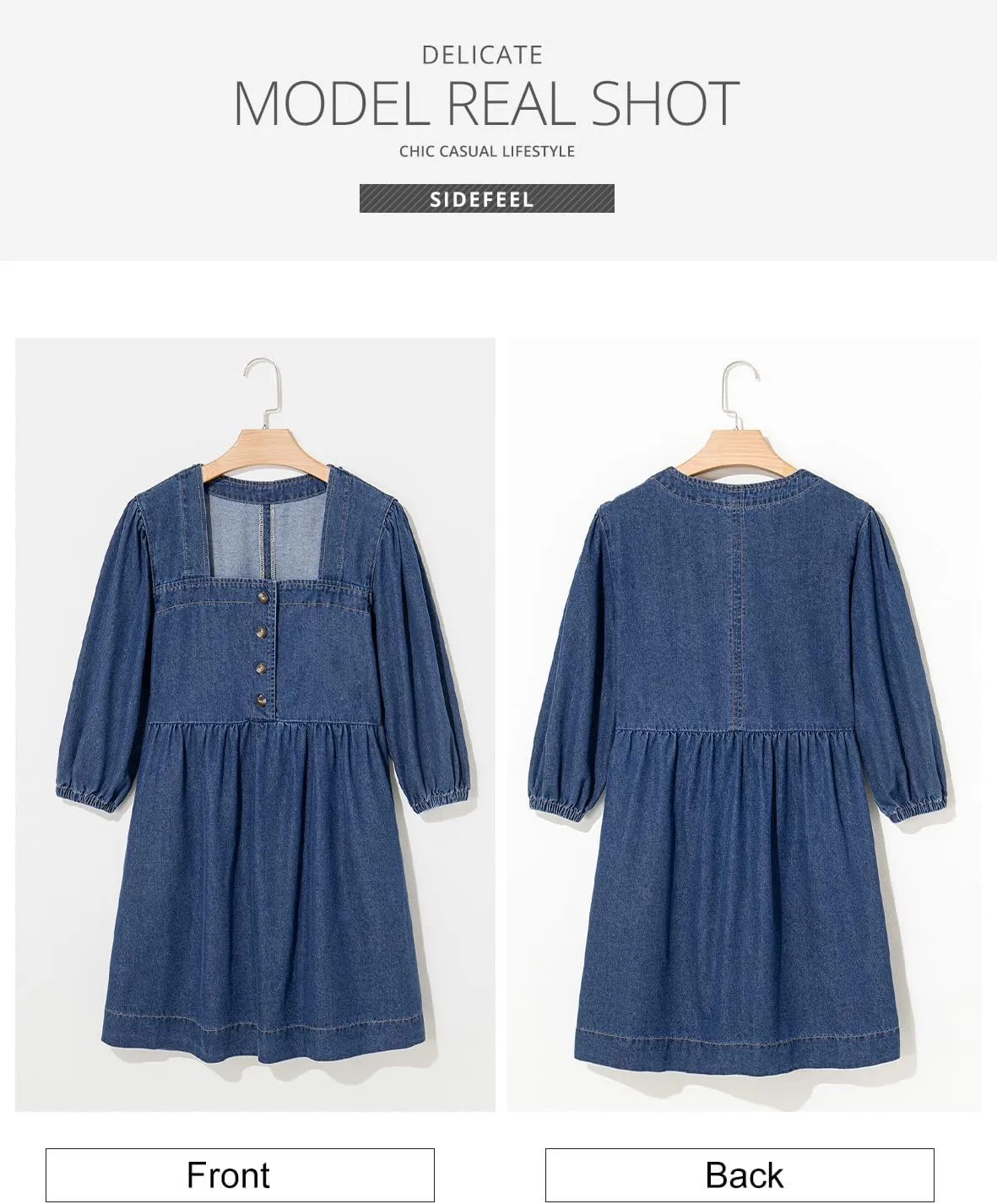 Sidefeel Women's Spring Outfit Denim Dress 3/4 Sleeve Loose Fit Square Neck Summer Jean Dresses with Pockets