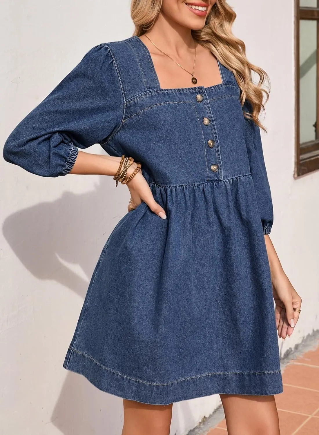 Sidefeel Women's Spring Outfit Denim Dress 3/4 Sleeve Loose Fit Square Neck Summer Jean Dresses with Pockets