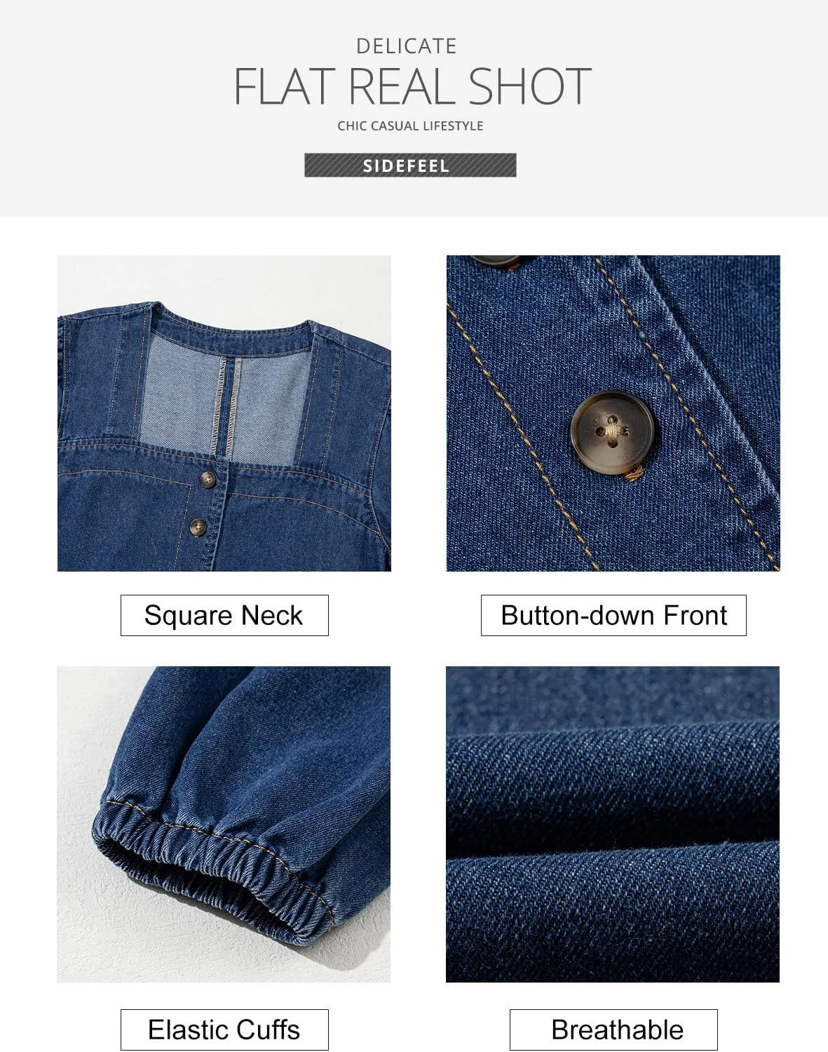 Sidefeel Women's Spring Outfit Denim Dress 3/4 Sleeve Loose Fit Square Neck Summer Jean Dresses with Pockets