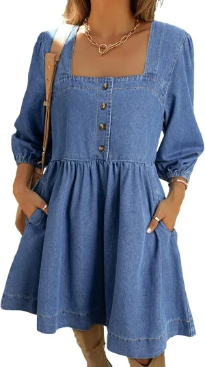 Sidefeel Women's Spring Outfit Denim Dress 3/4 Sleeve Loose Fit Square Neck Summer Jean Dresses with Pockets