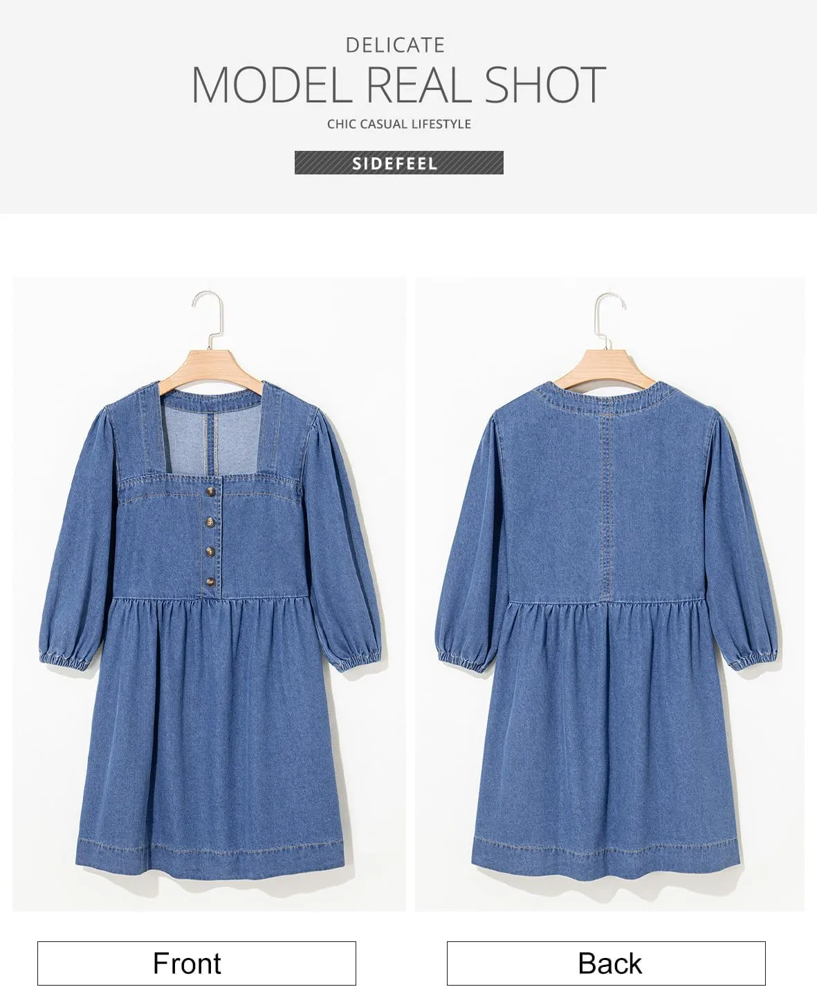 Sidefeel Women's Spring Outfit Denim Dress 3/4 Sleeve Loose Fit Square Neck Summer Jean Dresses with Pockets