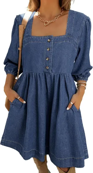 Sidefeel Women's Spring Outfit Denim Dress 3/4 Sleeve Loose Fit Square Neck Summer Jean Dresses with Pockets