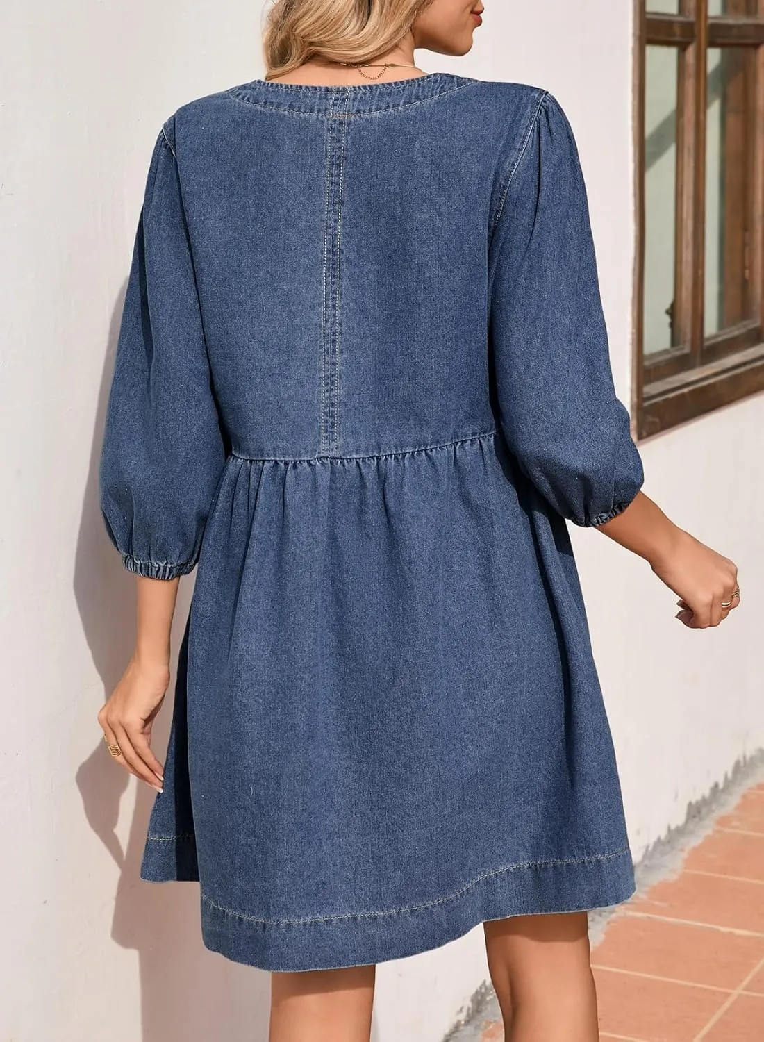 Sidefeel Women's Spring Outfit Denim Dress 3/4 Sleeve Loose Fit Square Neck Summer Jean Dresses with Pockets