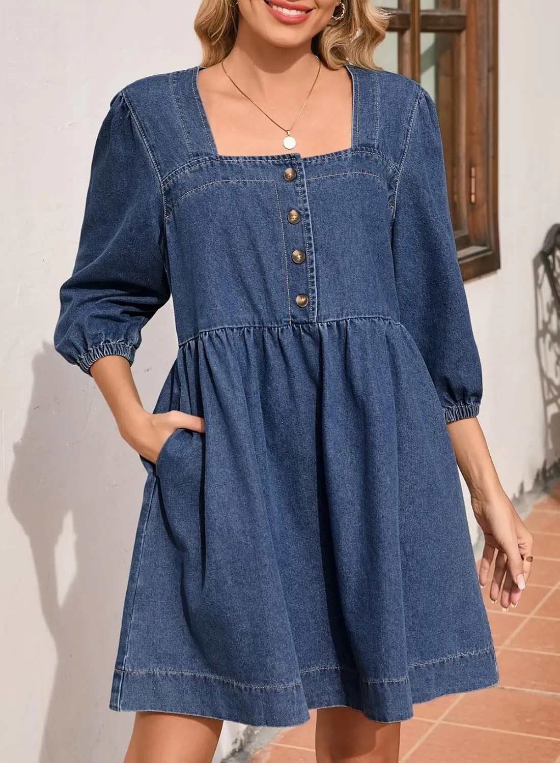 Sidefeel Women's Spring Outfit Denim Dress 3/4 Sleeve Loose Fit Square Neck Summer Jean Dresses with Pockets