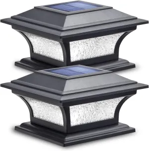 SIEDiNLAR Solar Post Lights Outdoor Glass LED Fence Cap Light 2 Modes for 4x4 5x5 6x6 Posts Deck Patio Garden Decoration Warm White/Cool White Lighting Black (2 Pack)