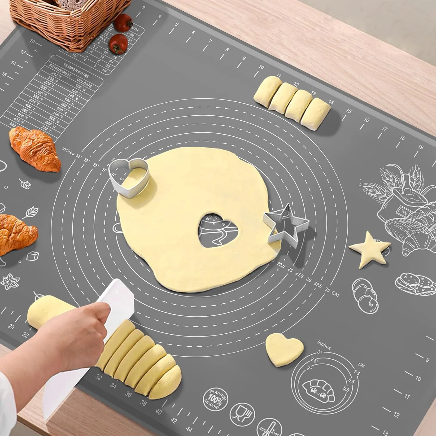 Silicone Pastry Mat 28" x 20" Extra Thick Non Stick Baking Mat with Measurements and Edge Heightening, Food Grade Silicone Rolling Mat for Pastry, Bread, Cookies, Pizza, Fondant, Pasta