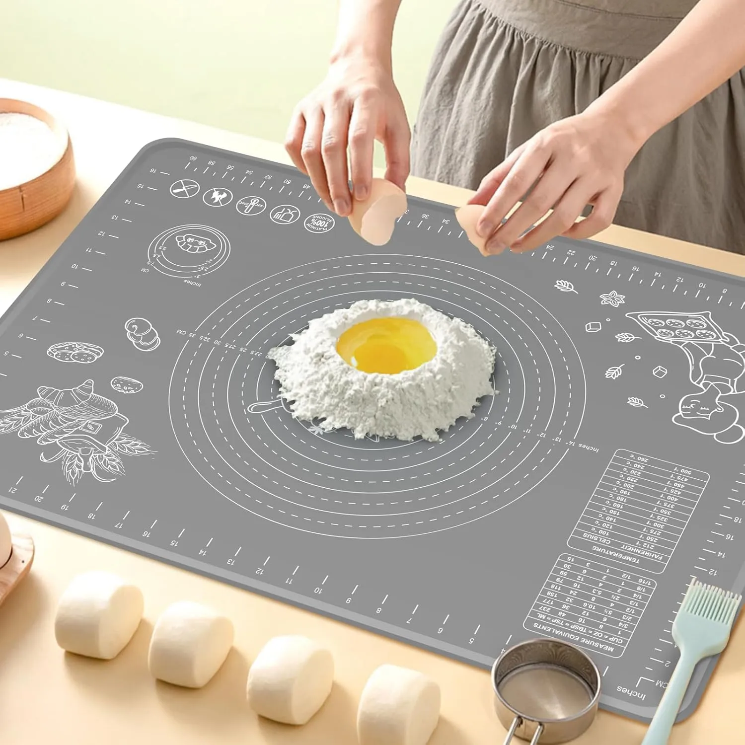 Silicone Pastry Mat 28" x 20" Extra Thick Non Stick Baking Mat with Measurements and Edge Heightening, Food Grade Silicone Rolling Mat for Pastry, Bread, Cookies, Pizza, Fondant, Pasta