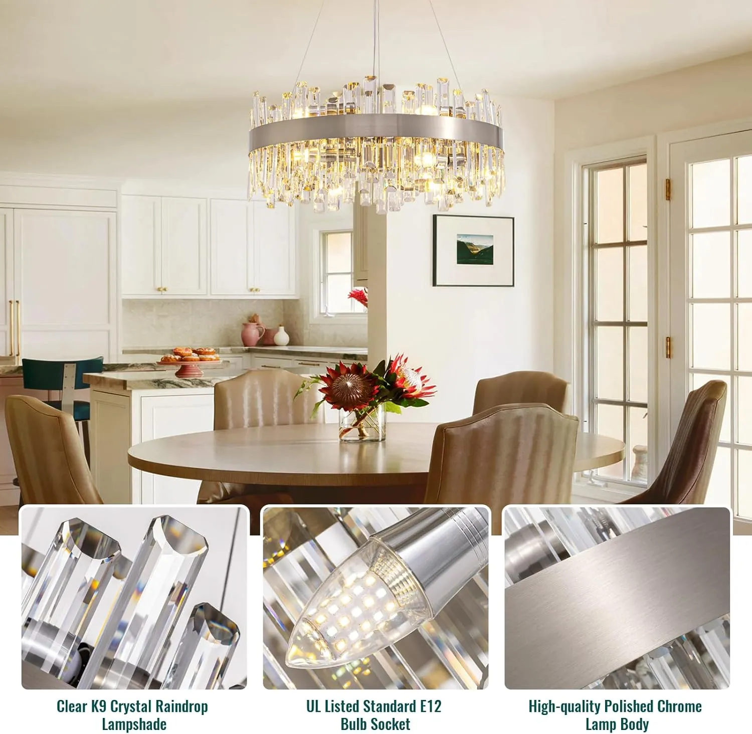 Siljoy Modern Crystal Chandelier for Dining Room 12-Lights Polished Chrome 2Tiers K9 Crystal Raindrop Chandelier Contemporary Round Pendant Ceiling Light Fixture for Living Room Entryway D23.6''