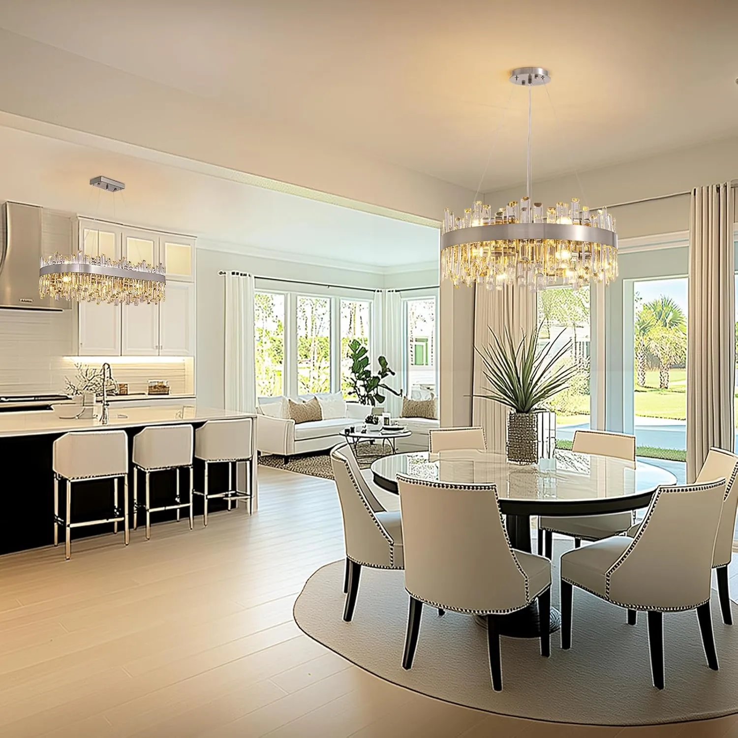 Siljoy Modern Crystal Chandelier for Dining Room 12-Lights Polished Chrome 2Tiers K9 Crystal Raindrop Chandelier Contemporary Round Pendant Ceiling Light Fixture for Living Room Entryway D23.6''