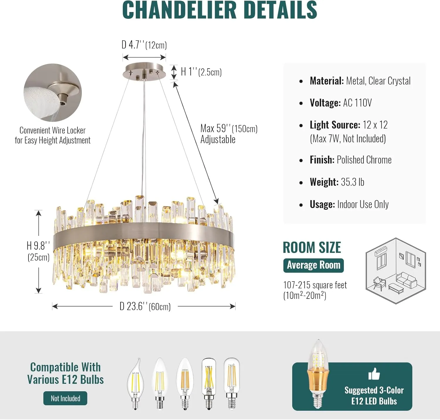 Siljoy Modern Crystal Chandelier for Dining Room 12-Lights Polished Chrome 2Tiers K9 Crystal Raindrop Chandelier Contemporary Round Pendant Ceiling Light Fixture for Living Room Entryway D23.6''