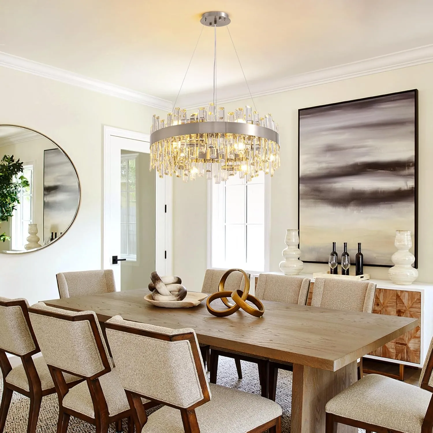 Siljoy Modern Crystal Chandelier for Dining Room 12-Lights Polished Chrome 2Tiers K9 Crystal Raindrop Chandelier Contemporary Round Pendant Ceiling Light Fixture for Living Room Entryway D23.6''