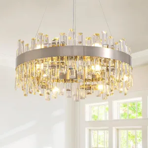 Siljoy Modern Crystal Chandelier for Dining Room 12-Lights Polished Chrome 2Tiers K9 Crystal Raindrop Chandelier Contemporary Round Pendant Ceiling Light Fixture for Living Room Entryway D23.6''