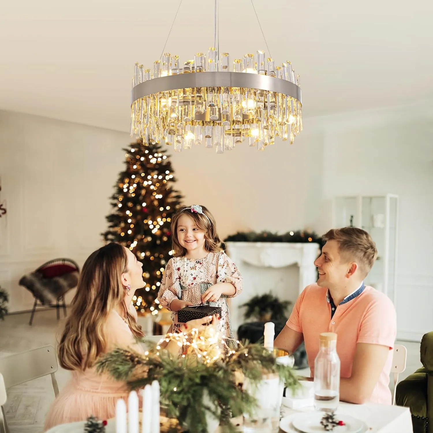 Siljoy Modern Crystal Chandelier for Dining Room 12-Lights Polished Chrome 2Tiers K9 Crystal Raindrop Chandelier Contemporary Round Pendant Ceiling Light Fixture for Living Room Entryway D23.6''