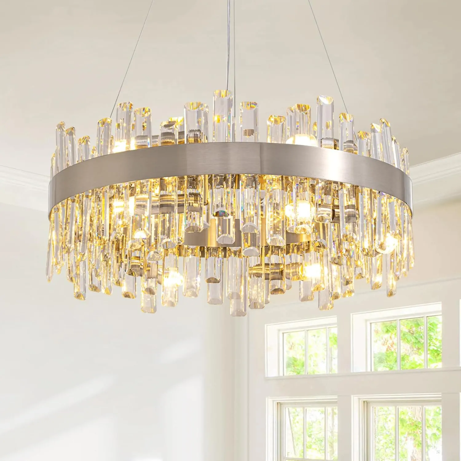 Siljoy Modern Crystal Chandelier for Dining Room 12-Lights Polished Chrome 2Tiers K9 Crystal Raindrop Chandelier Contemporary Round Pendant Ceiling Light Fixture for Living Room Entryway D23.6''