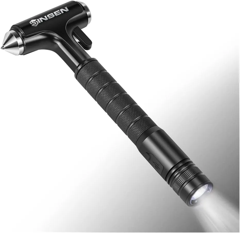 SINSEN Automotive Escape Tool, Window Breaker Seatbelt Cutter, Car Flashlight Safety Hammer, Emergency Kit Self Defense Accessories, Multifunction 4-in-1 Auto Tactical Gear, Rechargeable Powered Led