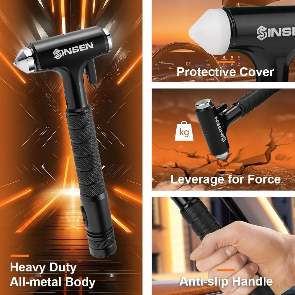 SINSEN Automotive Escape Tool, Window Breaker Seatbelt Cutter, Car Flashlight Safety Hammer, Emergency Kit Self Defense Accessories, Multifunction 4-in-1 Auto Tactical Gear, Rechargeable Powered Led
