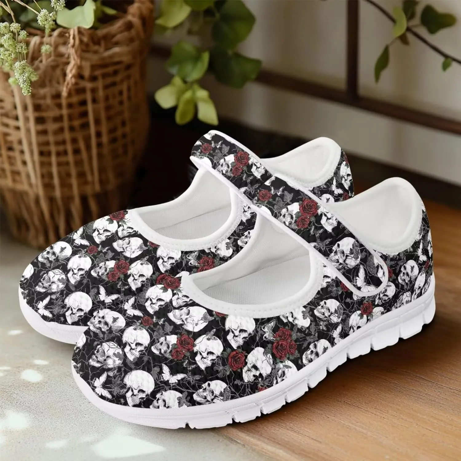 Skull Print Women's Mary Jane Shoes Slip Ons Breathable Cozy Shoes for Daily