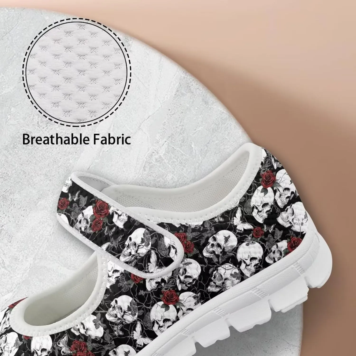 Skull Print Women's Mary Jane Shoes Slip Ons Breathable Cozy Shoes for Daily