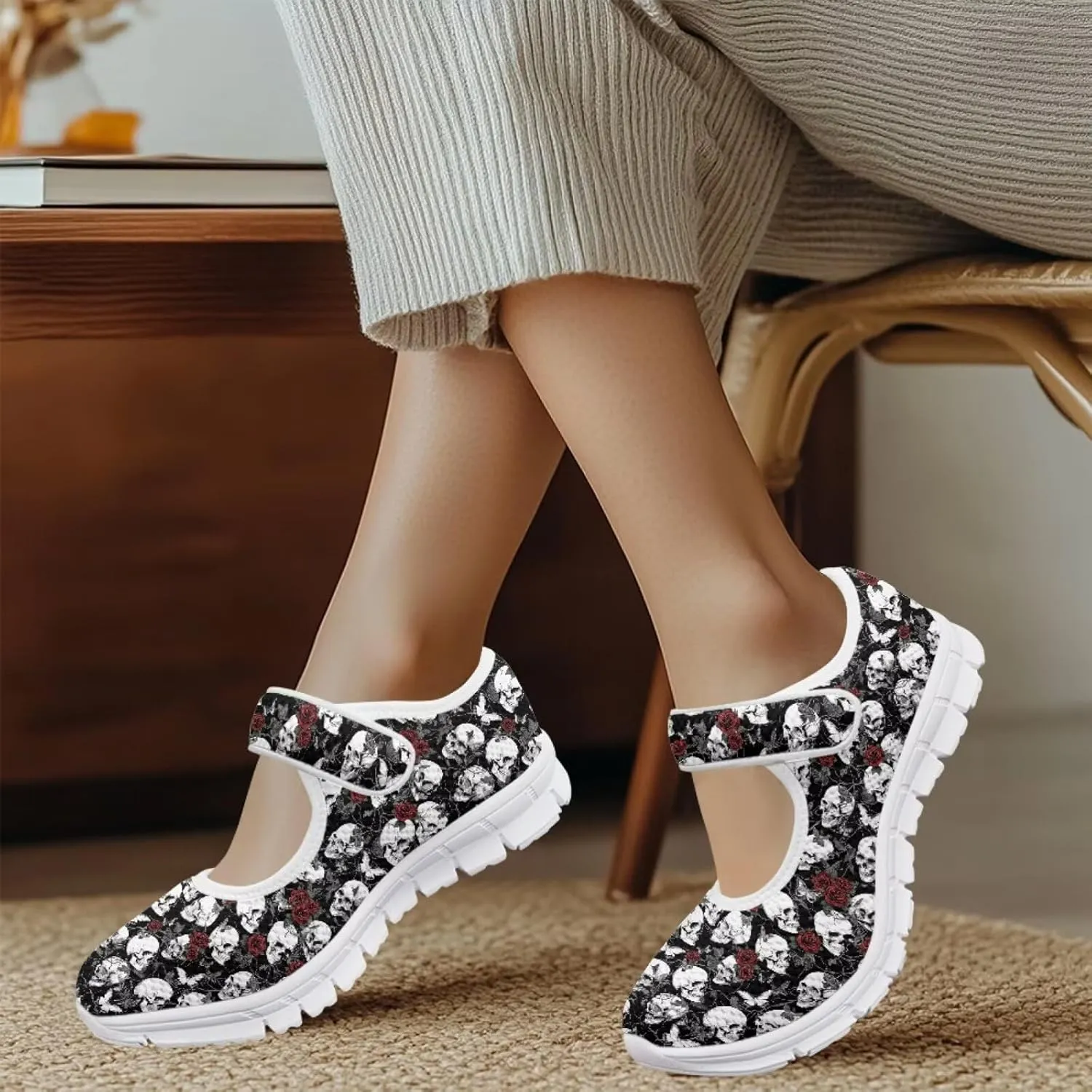Skull Print Women's Mary Jane Shoes Slip Ons Breathable Cozy Shoes for Daily