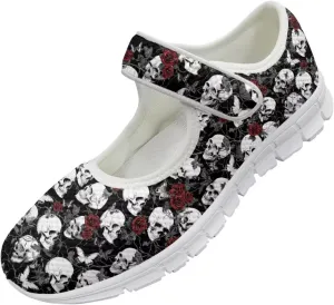 Skull Print Women's Mary Jane Shoes Slip Ons Breathable Cozy Shoes for Daily